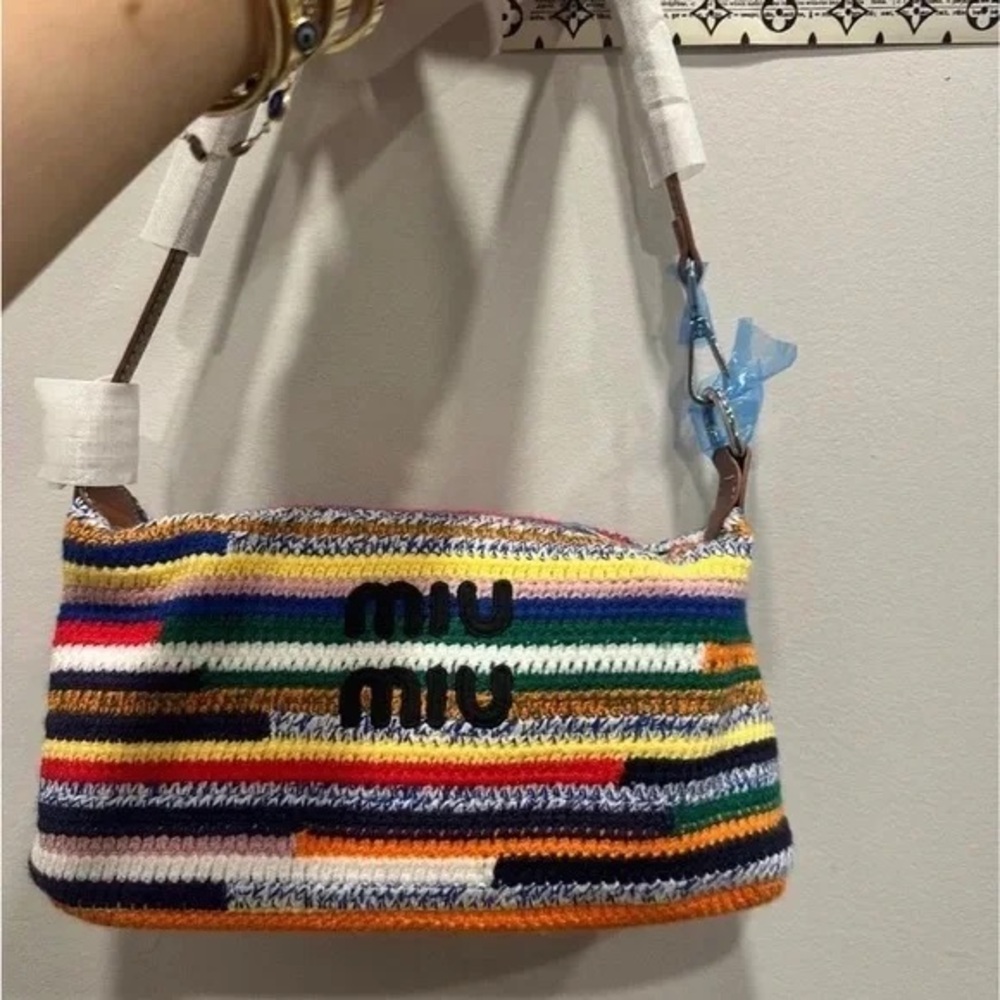 Miu Miu Multicolor Striped Crochet Shoulder Bag with Leather Strap